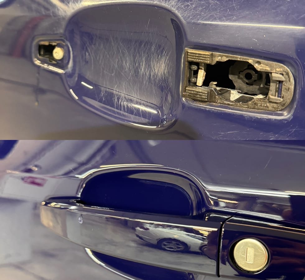 Automobilio durų rankena prieš ir po atstatymo — viršuje sulūžusi, apačioje sutvarkyta